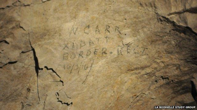 The name of William Carr, dated 16 March 1916 on the wall in W Shaft Chamber