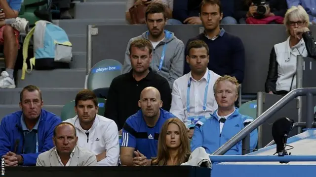 Murray's mother Judy (top R), girlfriend Kim Sears (bottom R) and coach Ivan Lendl (L) watch