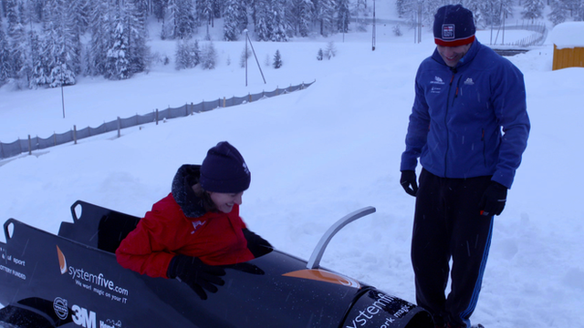 Katherine Grainger meets the GB bobsleigh team and tries her hand at getting into it.