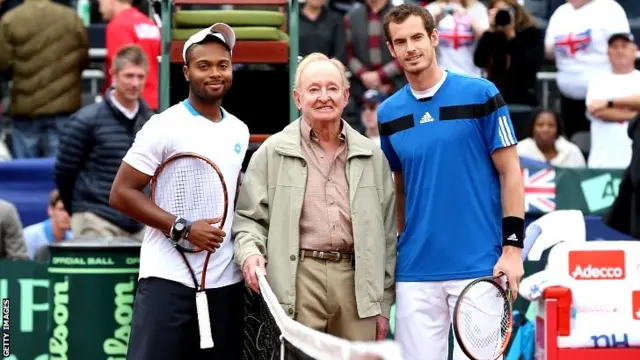 Andy Murray of Great Britain and Donald Young of the United States pose for a phot with Rod Laver