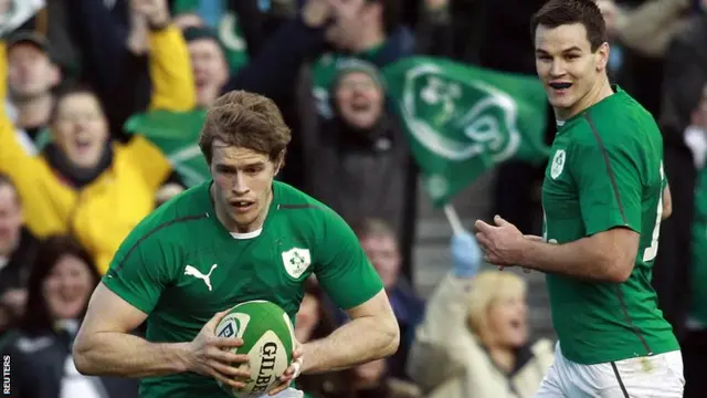 Jonny Sexton enjoys the moment as Andrew Trimble scores for Ireland