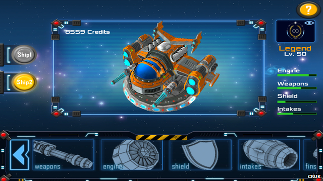 Mobile phone game showing a spaceship travelling through space