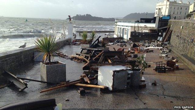 Storm damage at the Waterfront Restaurant, Plymouth