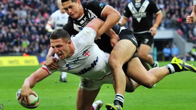 Sam Burgess scores a try for England