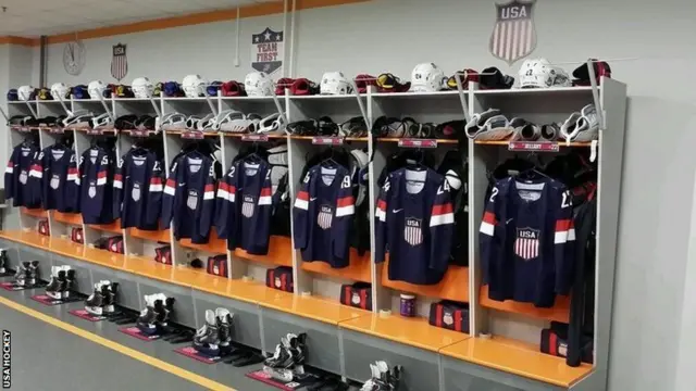 USA ice hockey jerseys in the locker room