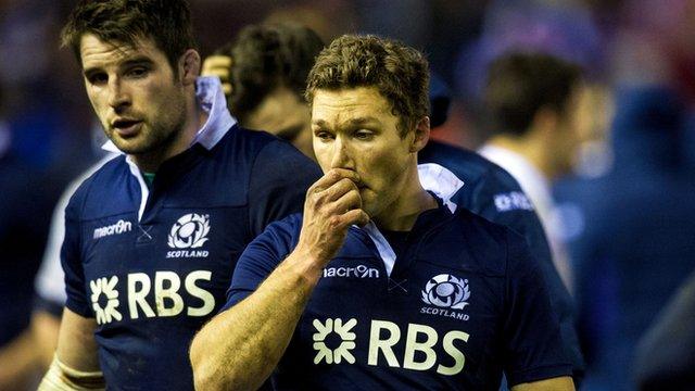 Scotland's dejected players reflect on the Calcutta Cup defeat