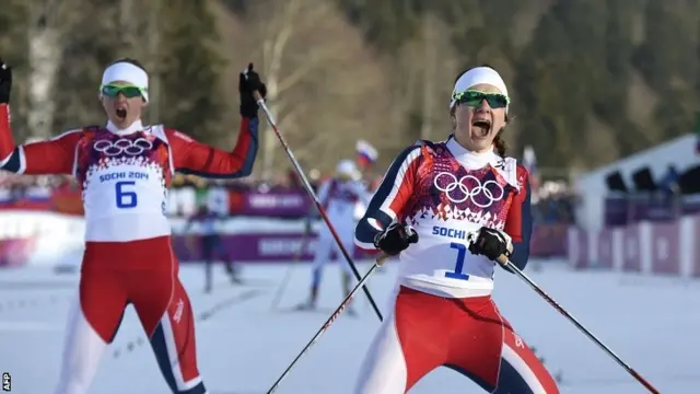 Maiken Caspersen Falla (right) celebrates