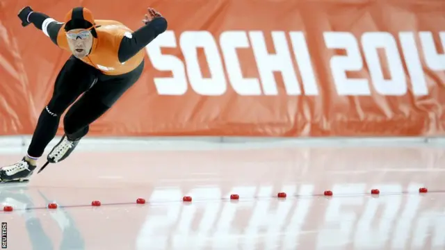 Mark Tuitert of the Netherlands skates during a men"s speed skating 500 meters training competition at the Adler Arena ahead of the 2014 Sochi Winter Olympics