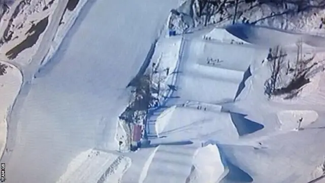 Birdseye view in Sochi of the extreme park where James Woods goes in ski slopestyle final.