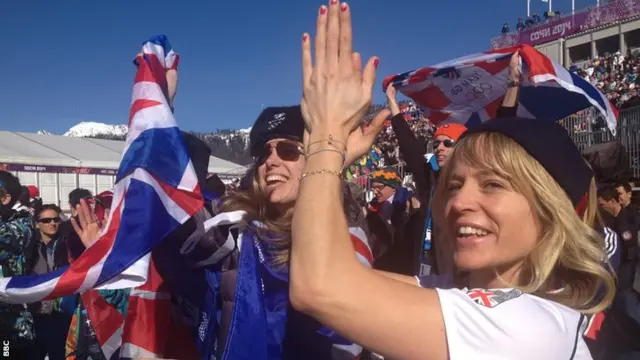 Jenny Jones watches James Woods in action for GB in the men's slopestyle final