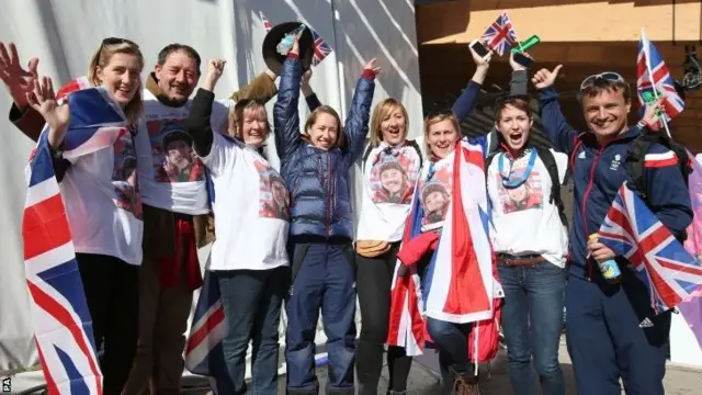 Lizzy Yarnold celebrates with friends and family including her mum Judith (third left) and dad Clive (second left)