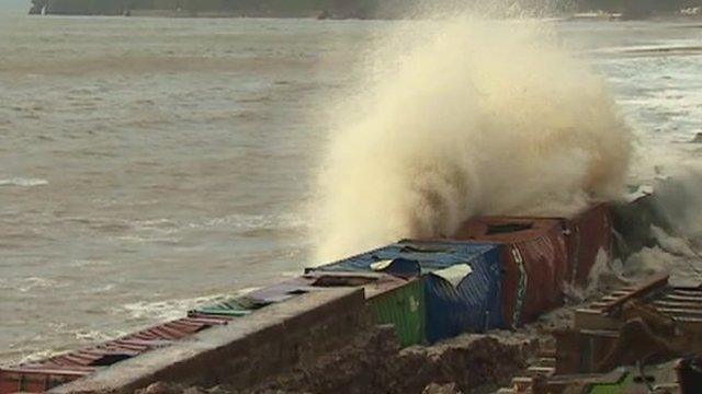 Damage to temporary "breakwater" at Dawlish