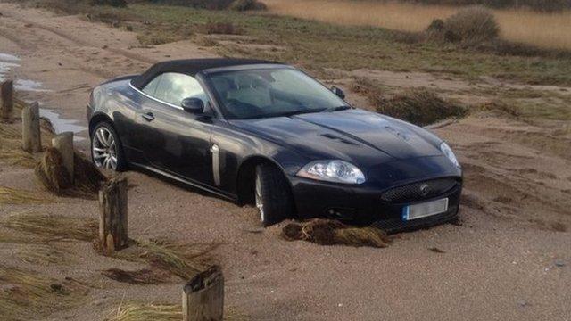 Jaguar trapped on Slapton coast road