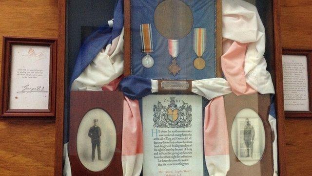 Medals and other war memorabilia in Howard Davis Park, Jersey