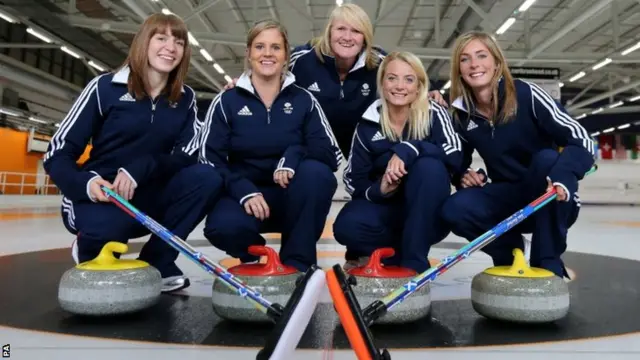 Curlers (left-right) Claire Hamilton, Vicki Adams, Anna Sloan and Eve Muirhead with coach Rhona Howie