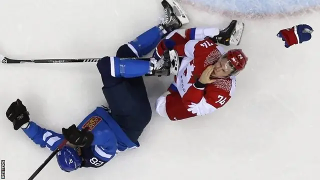 Finland's Lauri Korpikoski and Russia's Alexei Yemelin collide