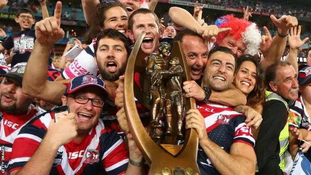 Anthony Minichiello and Sydney Roosters fans with the NRL trophy