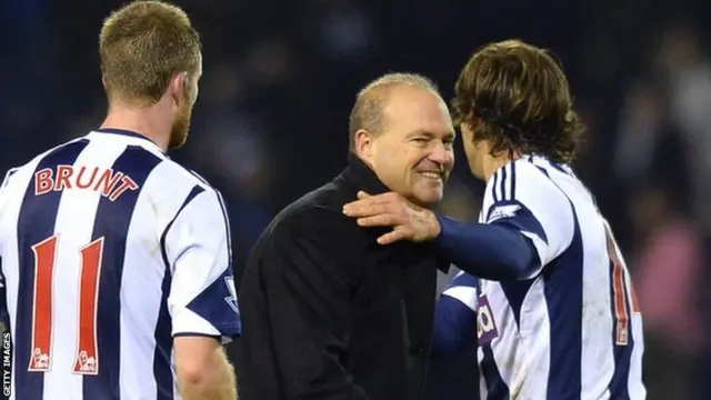 Pepe Mel (c) West Brom midfielder Chris Brunt (L) defender Diego Lugano (R)