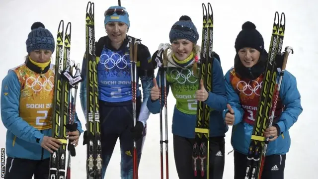 Ukraine's Valj Semerenko, Olena Pidhrushna, Juliya Dzhyma and Vita Semerenko