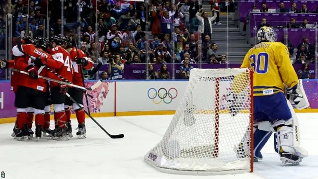 Team Canada celebrate a goal by forward Chris Kunitz