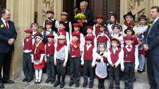 Children from Ysgol Gymraeg Llundain in traditional Welsh costume pictured during their Westminster visit