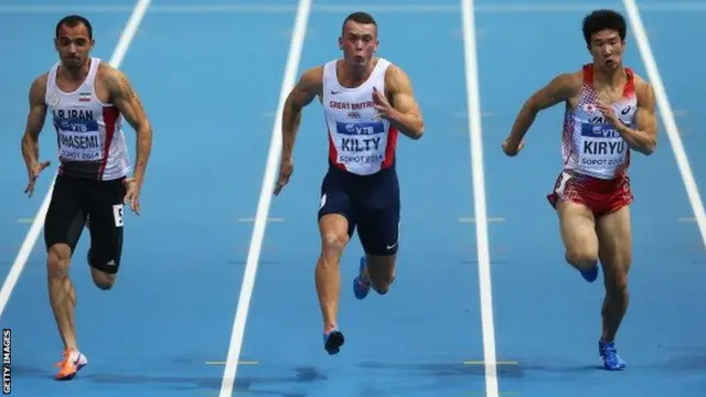 Richard Kilty (centre) in action in the men's 60m semi-final