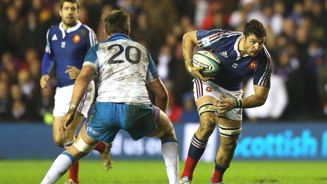 Damien Chouly of France charges up-field against Scotland