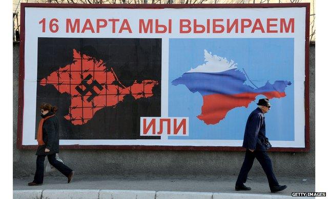 People walk past election posters in Crimea