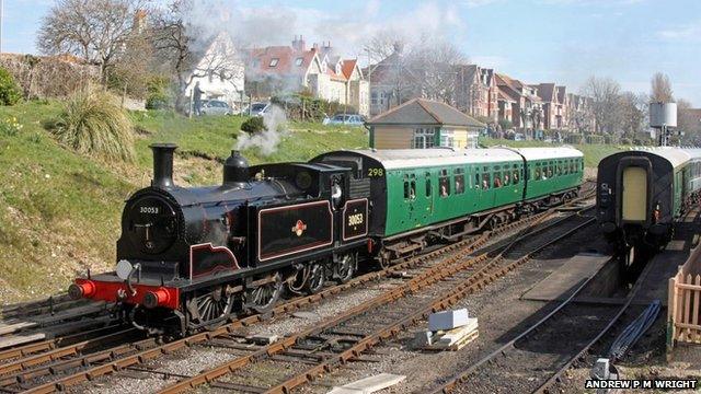 The two rare 1940s Bulleid passenger carriages at Swanage Railway