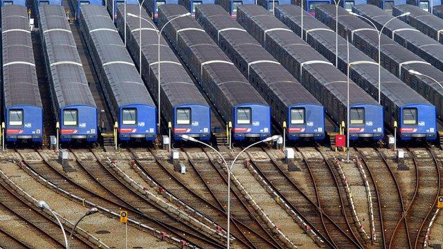 Overview of train carriages stopped in a parking place in Sao Paulo, on 18 June, 2003.