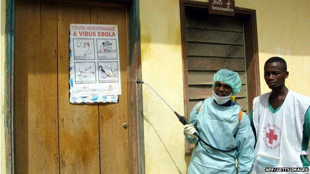 International Red Cross workers spraying disinfectant