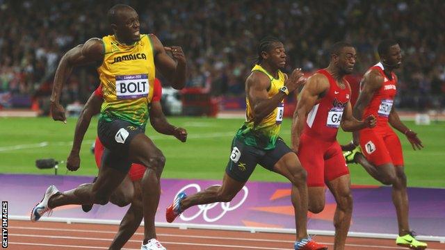 Usain Bolt (left) sprints to victory in the London 2012 Olympics