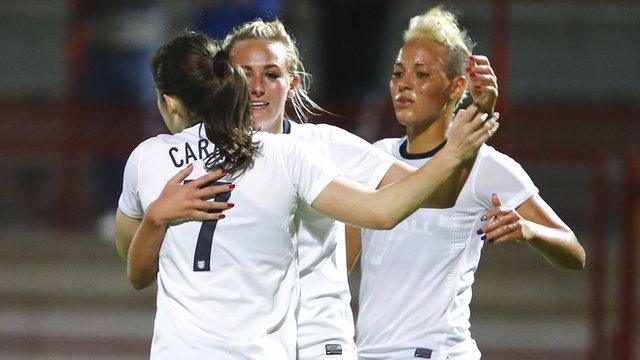 Toni Duggan and Lianne Sanderson congratulate Karen Carney after she scores for England at the Cyprus Cup