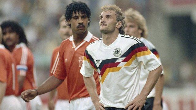 Frank Rijkaard spits at Rudi Voeller as the pair are sent off during the 1990 World Cup