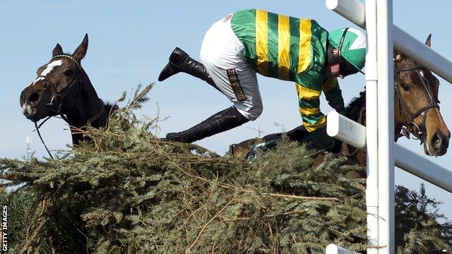 Richie McLernon gets thrown from Sunnyhillboy at the last fence during the 2013 Grand National