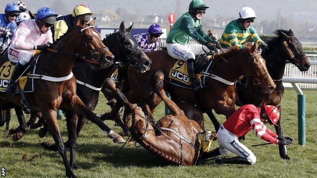 Ruby Walsh falls from his mount Abbyssial in the recent JCB Triumph Hurdle at the Cheltenham Festival