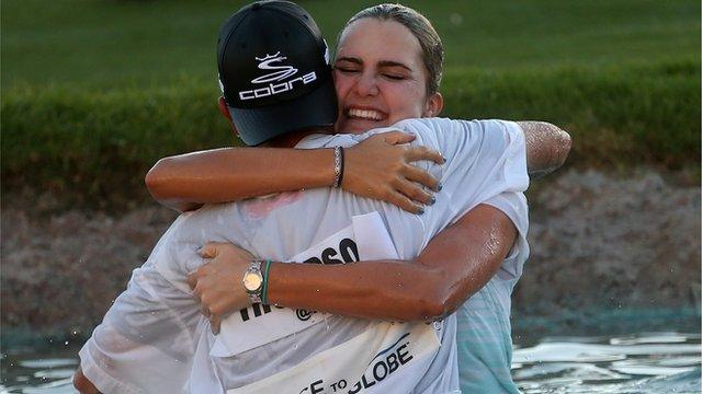 Lexi Thompson celebrating her Nabisco Championship win with a victory leap into Poppie's Pond