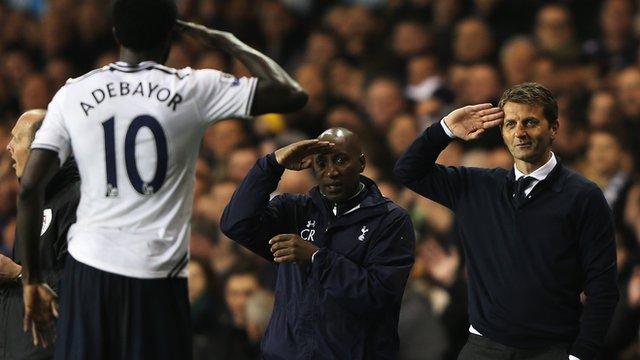 Tottenham manager Tim Sherwood (r) salutes goalscorer Emmanuel Adebayor