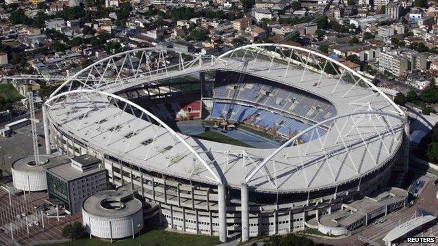 An aerial shot shows the Olympic Stadium, which is closed for repair works on its roof, in Rio de Janeiro March 28, 2014.