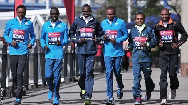 Marathon runners (L-R) Ethiopia's Tsegaye Mekonnen, Kenya's Emmanuel Mutain, Uganda's Stephen Kiprotich, Kenya's Geoffrey Mutai, Ethiopia's Tsegaye Kebede, and Ethiopia's Ibrahiim Jeilan