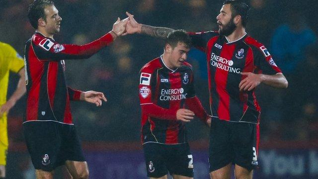 Ryan Frazer (centre) celebrates a Bournemouth goal