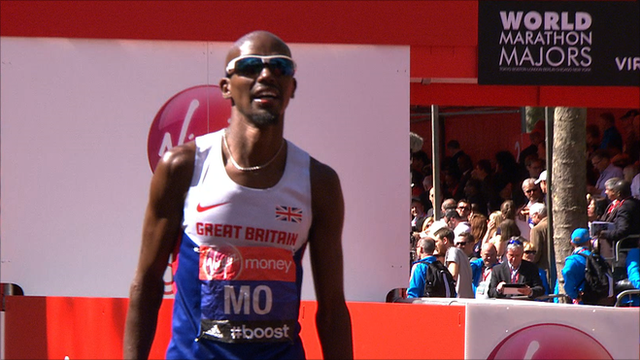 Mo Farah finishes the 2014 London Marathon