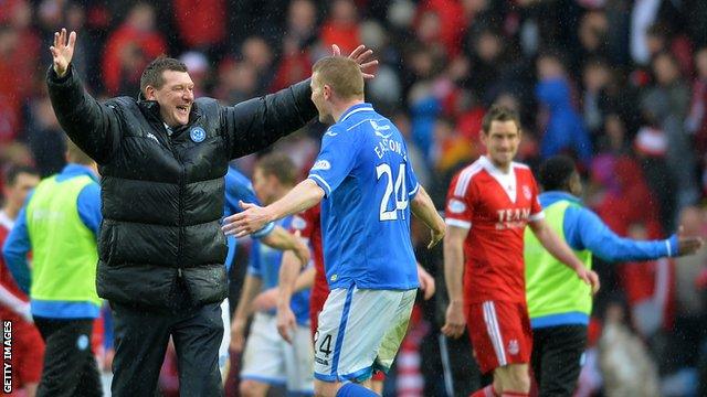 St Johnstone boss Tommy Wright celebrates with his players