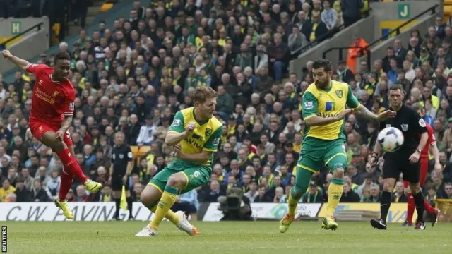 Raheem Sterling (left) shoots for Liverpool