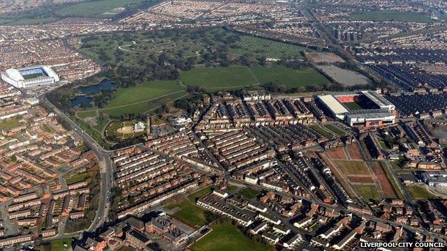 Aerial view of Stanley Park, Liverpool, showing the Liverpool FC and Everton FC grounds