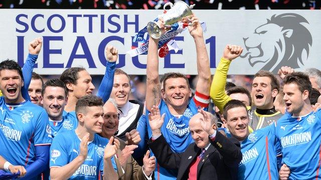 Rangers players celebrate clinching the League One championship