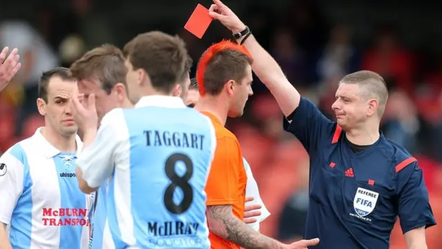 Glenavon defender Gareth McKeown is sent-off by referee Raymond Crangle