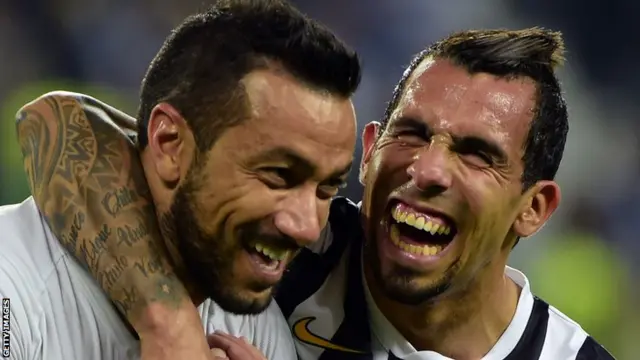 Fabio Quagliarella and Carlos Tevez of Juventus