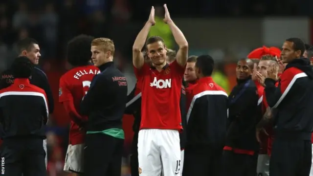 Manchester United's Nemanja Vidic, who has played his final home match says goodbye to the fans