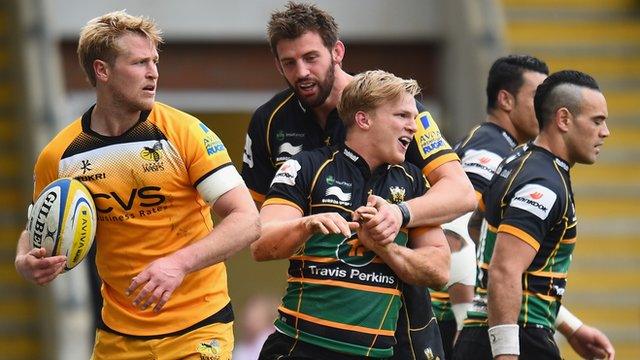 Northampton's Tom Stephenson celebrates a try